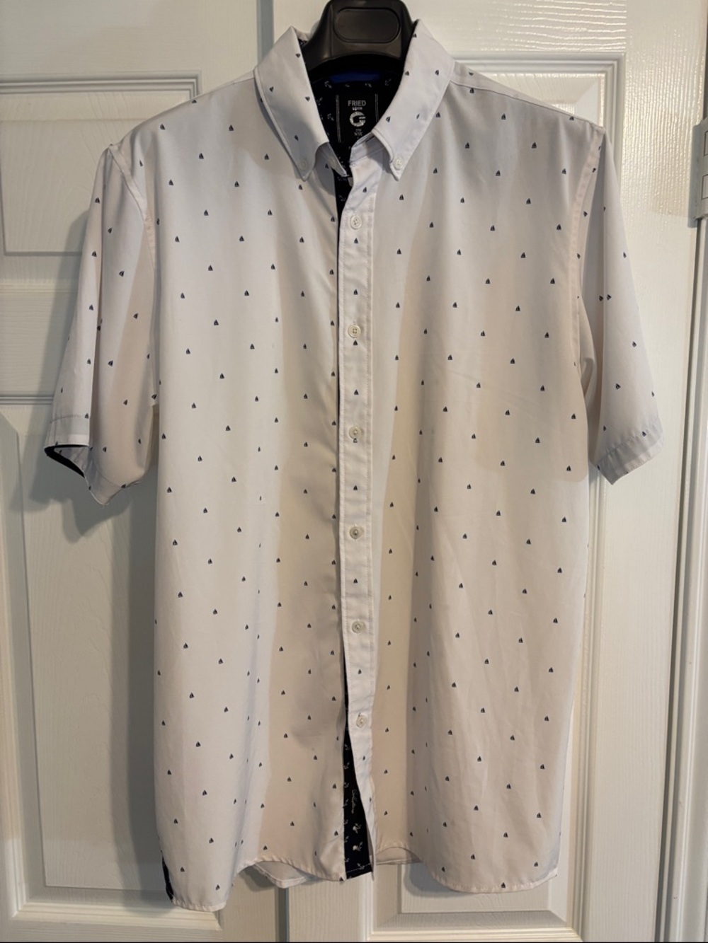 Men's Short Sleeve Button-Down Shirt - White with Navy Nautical Theme Print